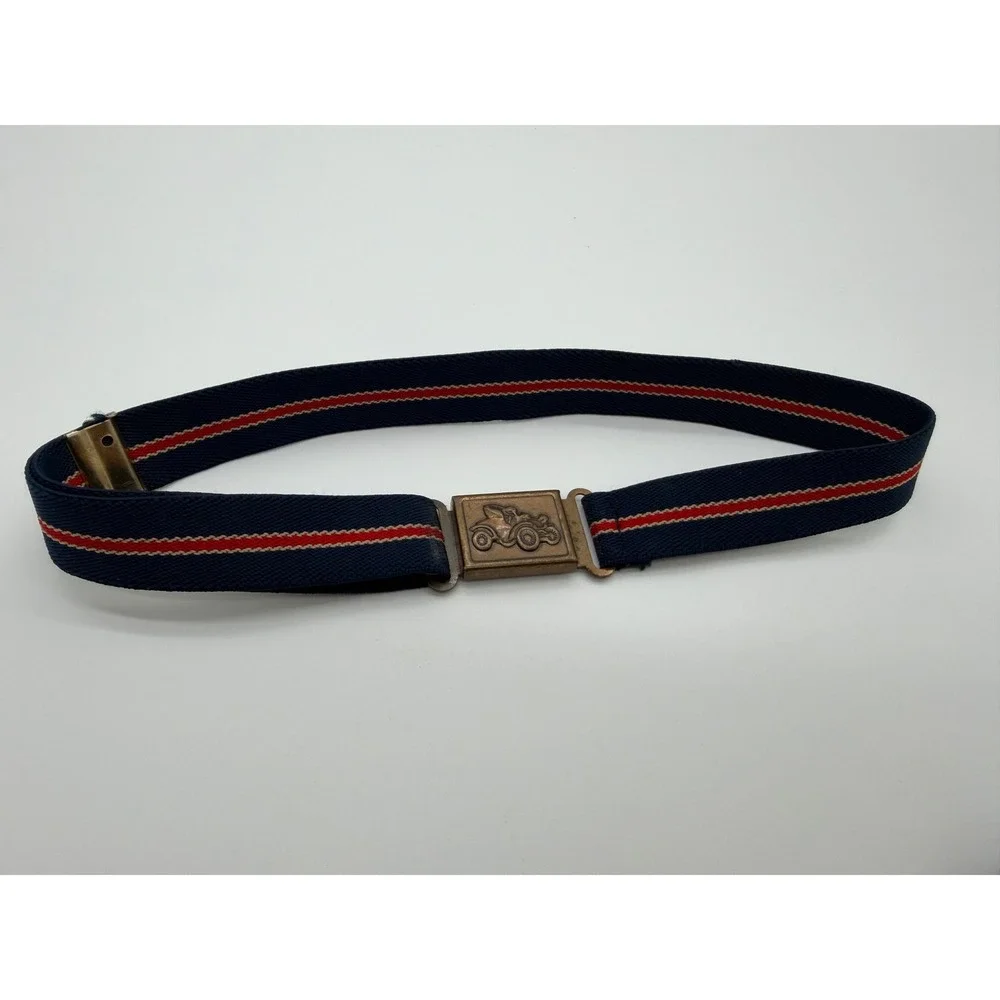 Vintage 70's Kids Elastic Belt Navy Blue Red Striped Brass Car Buckle Adjustable